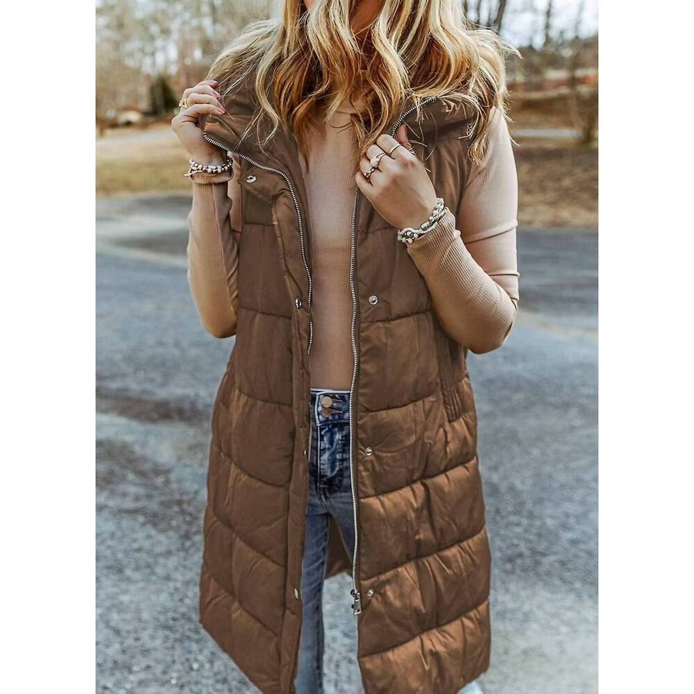 NEW DEAR LOVER hooded long quilted vest coat in chestnut